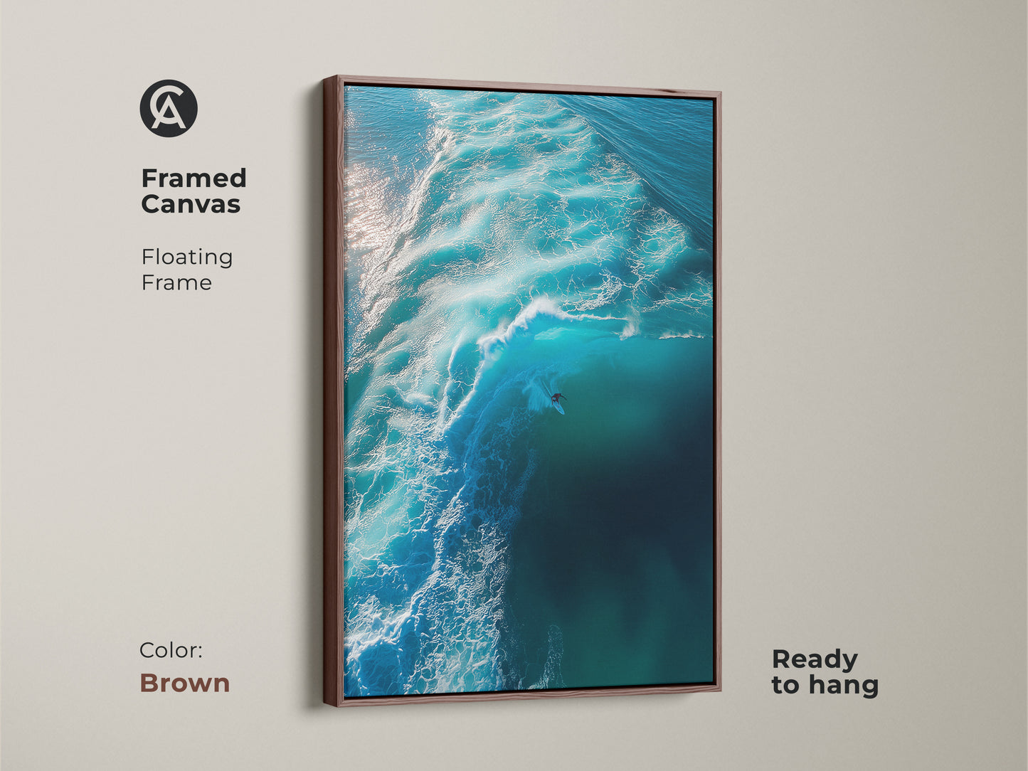 A surfer takes on a massive wave in this captivating canvas art. The artwork features a rich brown floating frame. It adds warmth and sophistication. The piece is ready to hang. It brings a touch of coastal charm to any room. Perfect for those who love the ocean and surfing.