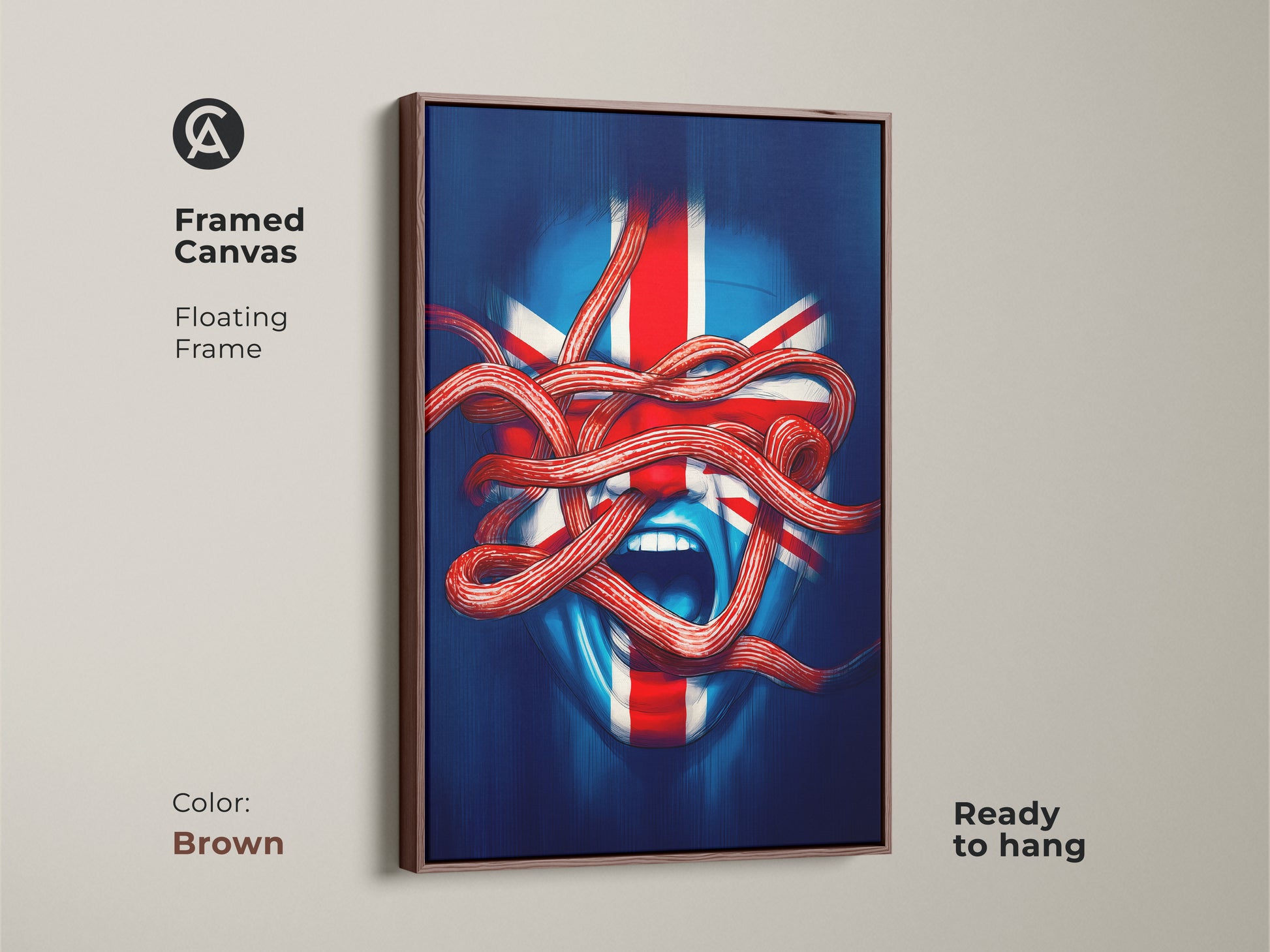 Framed canvas of Union Jack face artwork with a floating brown frame. Ready to hang modern surrealism piece adds bold decor to any room. The blue red white abstract art shows patriotic British flavor. Eclectic wall decor.