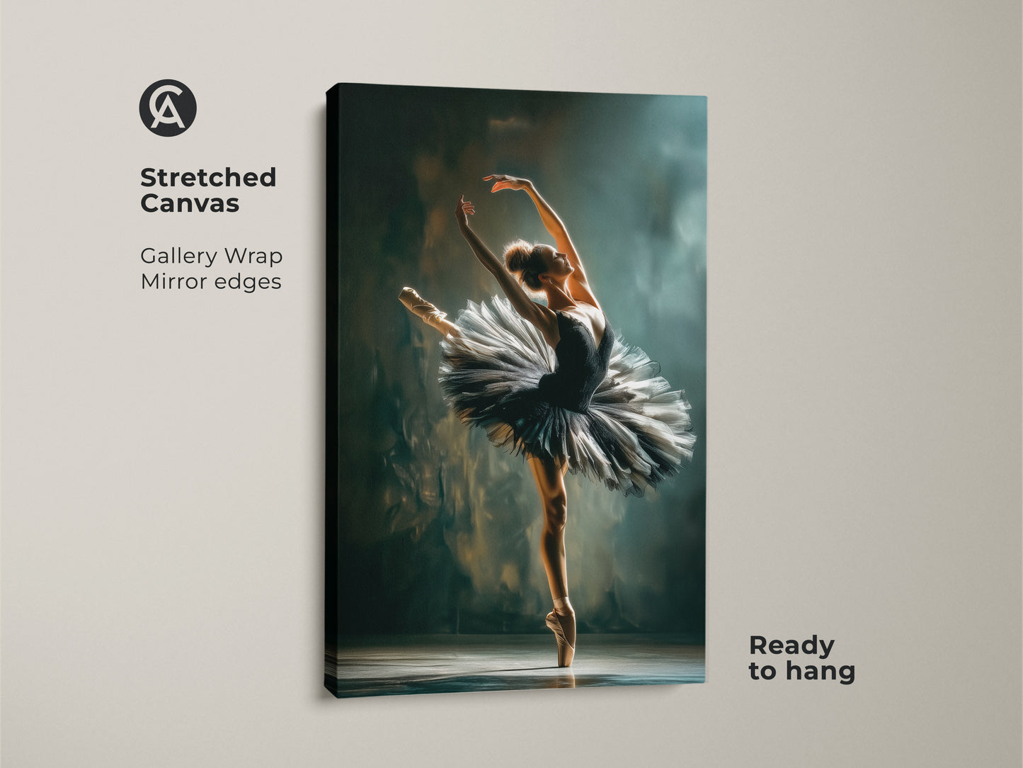 Stretched canvas ballerina artwork. Gallery wrapped canvas with mirror edges. The ballerina is wearing a black tutu. This canvas art is ready to hang. Perfect wall decor for dance enthusiasts.