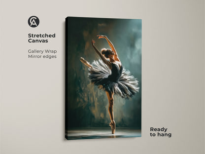 Stretched canvas ballerina artwork. Gallery wrapped canvas with mirror edges. The ballerina is wearing a black tutu. This canvas art is ready to hang. Perfect wall decor for dance enthusiasts.