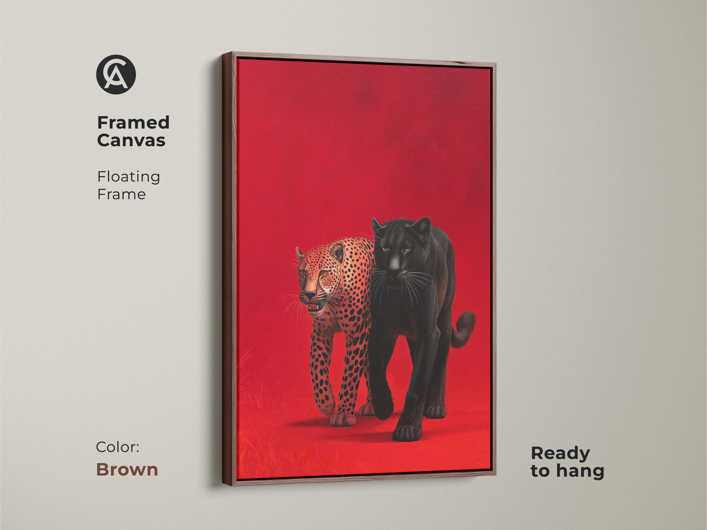Framed canvas art features a black panther and leopard against a red background. The floating frame is brown and ready to hang. This artwork brings a warm and inviting feel to wildlife art. Enhance your decor with this striking piece that adds a touch of elegance.