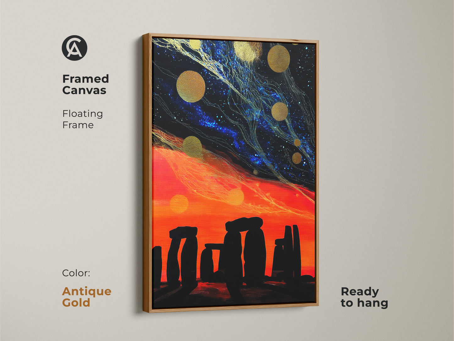 Antique gold framed canvas abstract night landscape. Celestial galaxy art brings a unique touch. The Stonehenge artwork features a cosmic starry night sky print. It is ready to hang. Perfect for eclectic art for home wall decor.