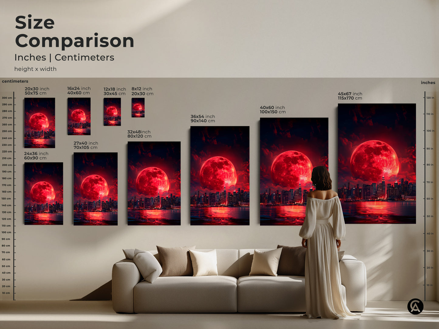 Size comparison of surreal cityscape art prints in inches and centimeters. Visualize how the fantasy night sky canvas fits above a sofa. Perfect for adding contemporary art to living rooms bedrooms or offices as unique wall decor.