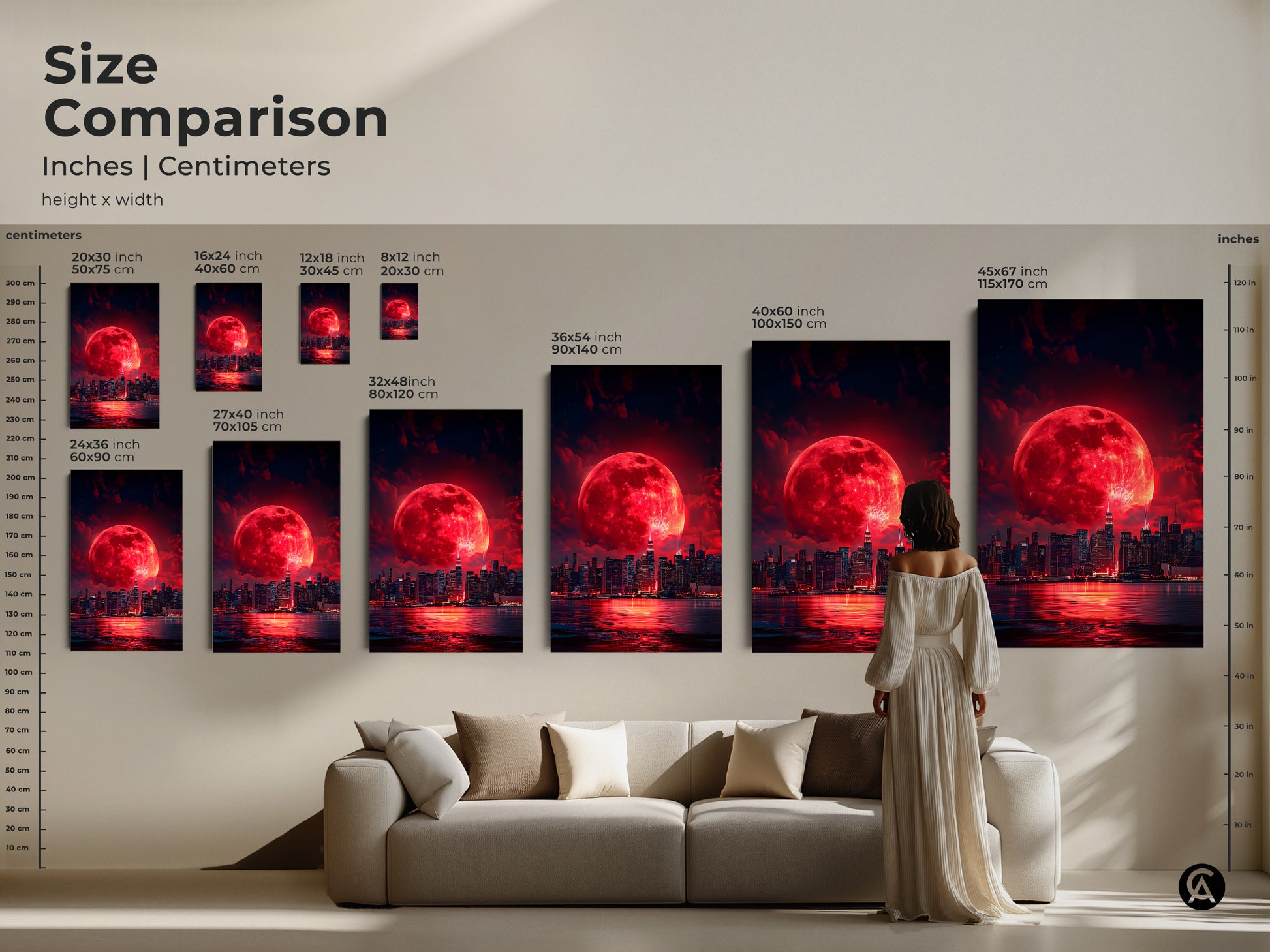 Size comparison of surreal cityscape art prints in inches and centimeters. Visualize how the fantasy night sky canvas fits above a sofa. Perfect for adding contemporary art to living rooms bedrooms or offices as unique wall decor.
