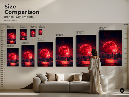 Size comparison of surreal cityscape art prints in inches and centimeters. Visualize how the fantasy night sky canvas fits above a sofa. Perfect for adding contemporary art to living rooms bedrooms or offices as unique wall decor.