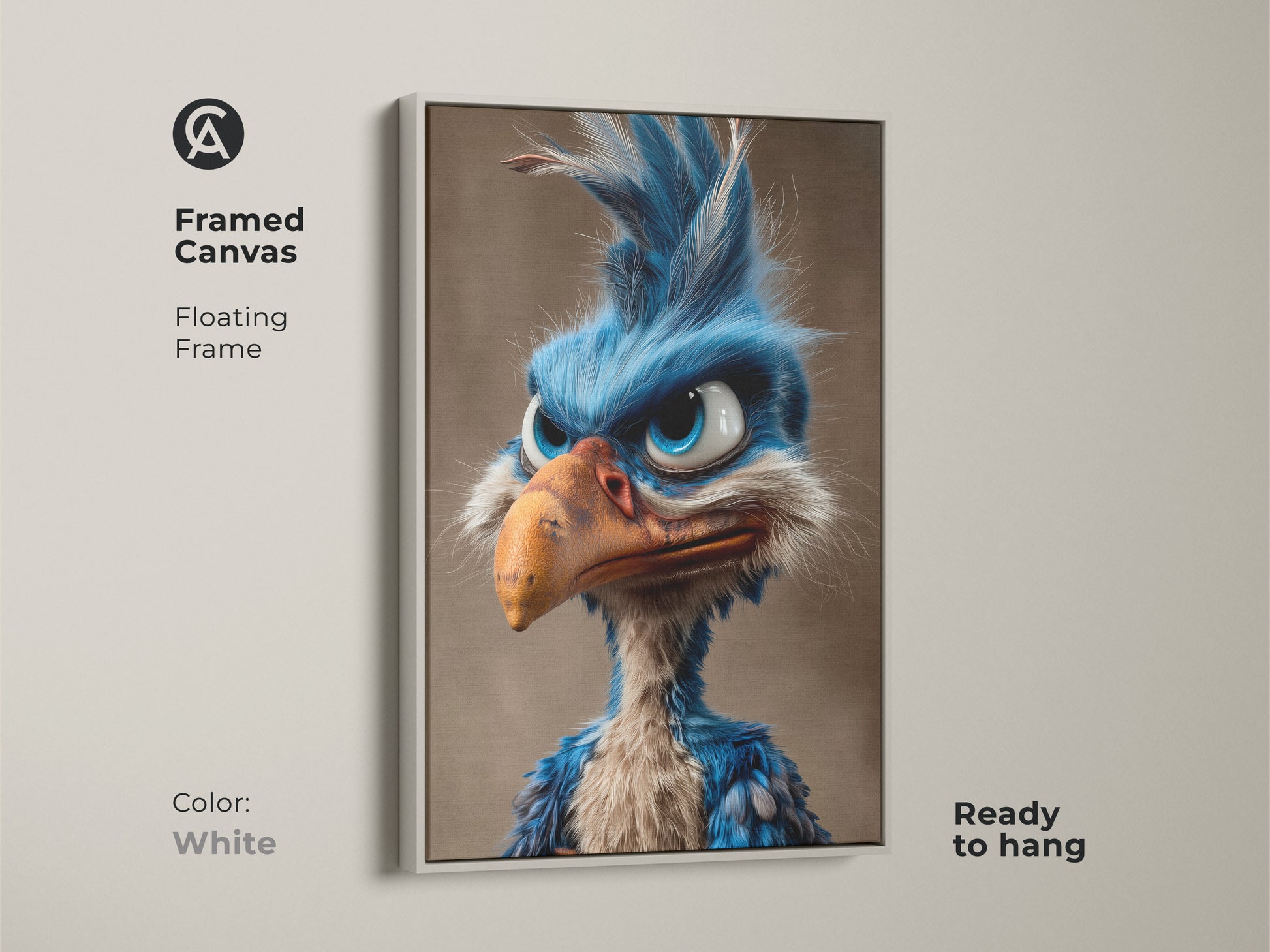 Framed canvas art featuring a cartoon bird with a floating frame. The white frame offers a clean and modern look. This ready-to-hang piece is a great addition to any art collection or living space.
