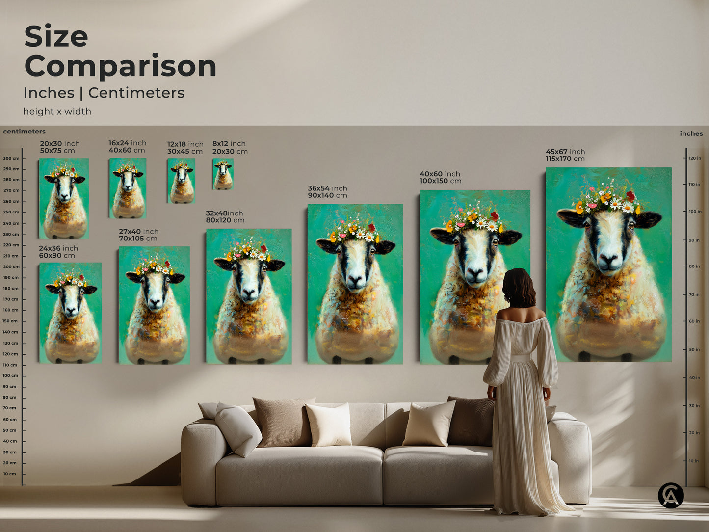 Size comparison showcasing various sizes of the floral crown sheep art. See how this art fits in your living room. Available in multiple sizes this emerald green artwork enhances any space. The whimsical animal print is ideal for adding bohemian charm to your home decor. Perfect housewarming gift.
