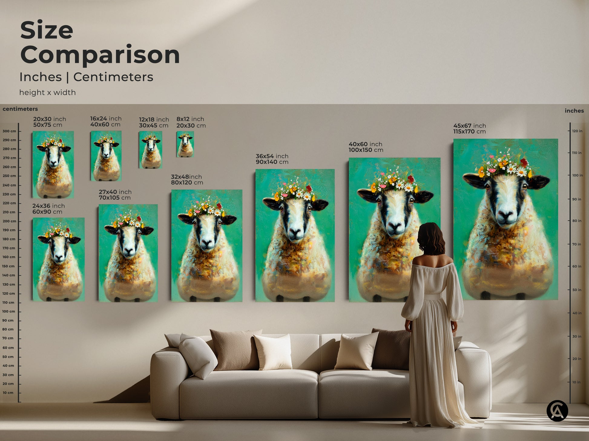 Size comparison showcasing various sizes of the floral crown sheep art. See how this art fits in your living room. Available in multiple sizes this emerald green artwork enhances any space. The whimsical animal print is ideal for adding bohemian charm to your home decor. Perfect housewarming gift.