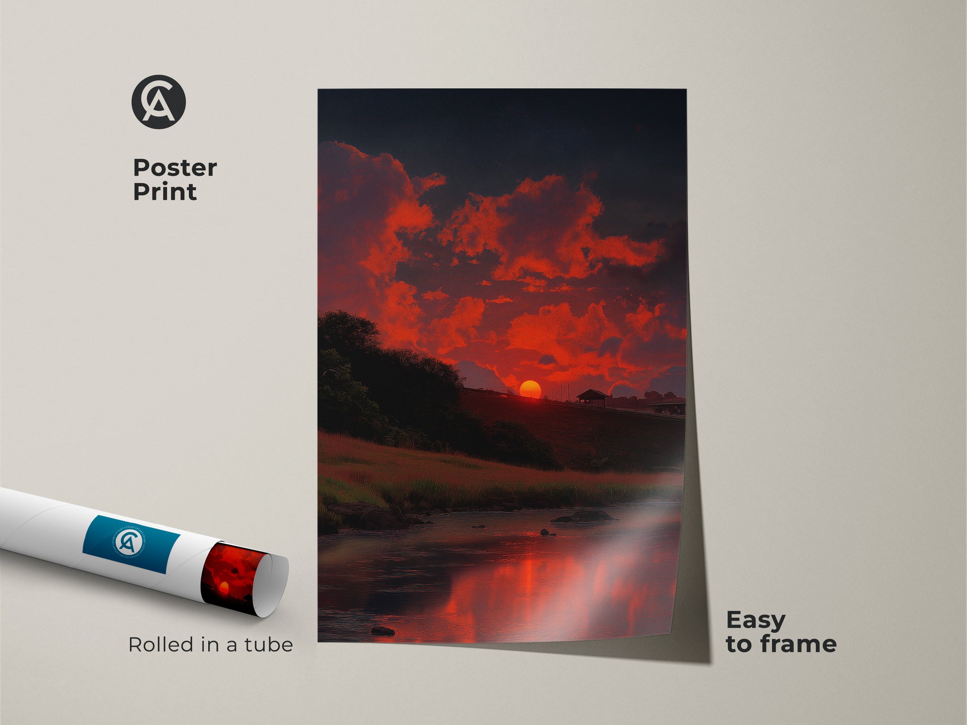 Poster print of an impressionistic sunset landscape is shown. The fiery orange clouds and dark blue sky create a stunning visual. Rolled in a tube this nature-inspired artwork is easy to frame. The reflection of the sunset on the water adds to the tranquil scene. This red orange sky art print is perfect for nature lovers.