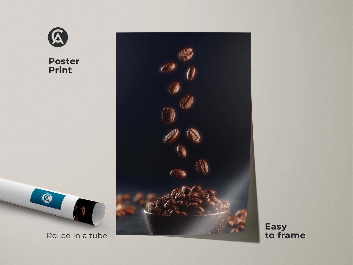 Easy to frame poster print of falling coffee beans art. This abstract food art print features rich browns and navy. This minimalist coffee wall art is perfect as a housewarming gift or unique wall decor for baristas. Rolled in a tube and ready for framing.