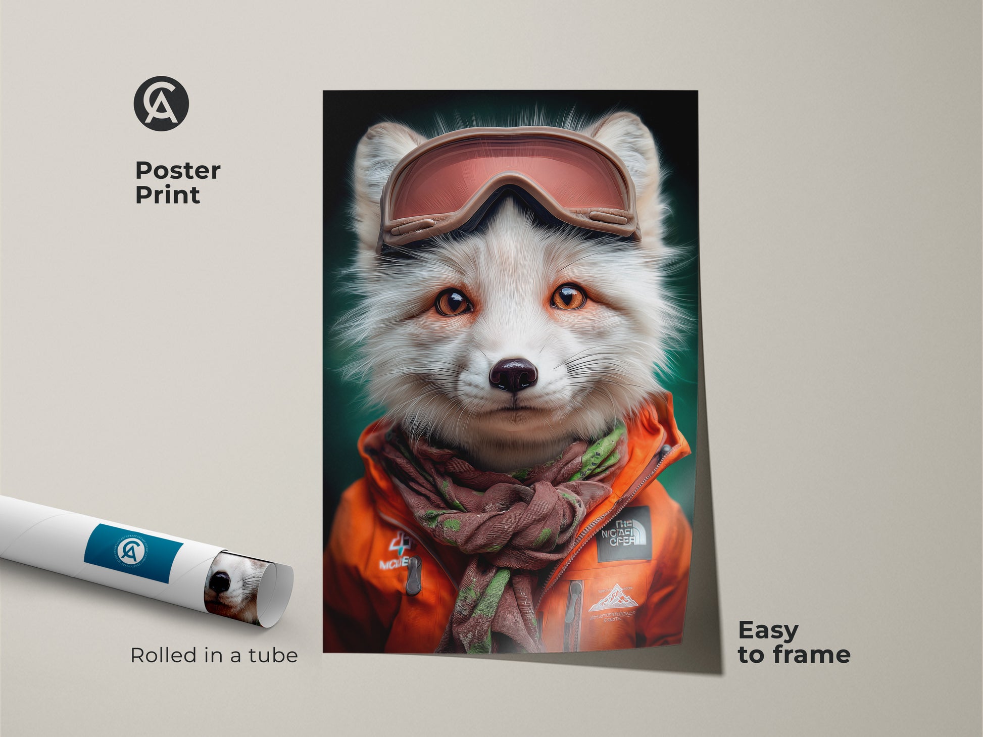 Poster print showcasing a fox wearing ski goggles and an orange jacket. Easy to frame winter wildlife artwork. An eclectic animal print for unique decor. Cute fox portrait rolled in a tube. Ideal gift for animal lovers. Adds a cheerful touch to any room with its vibrant colors.