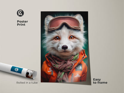 Poster print showcasing a fox wearing ski goggles and an orange jacket. Easy to frame winter wildlife artwork. An eclectic animal print for unique decor. Cute fox portrait rolled in a tube. Ideal gift for animal lovers. Adds a cheerful touch to any room with its vibrant colors.