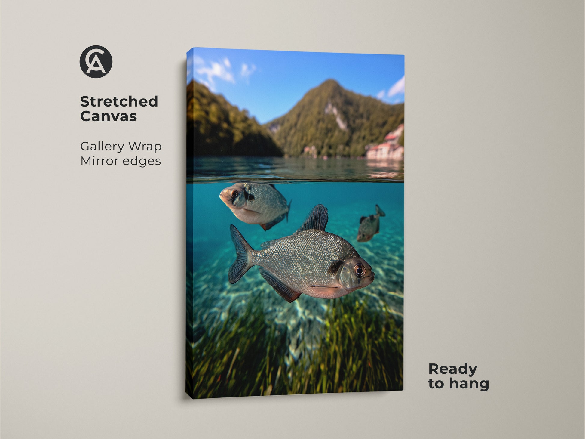 Stretched Canvas of underwater fish art. The gallery wrap features mirror edges. Ready to hang this lake scene wall art. It's a coastal nature print with blue green animal artwork. Ideal fishing gift wall decor.