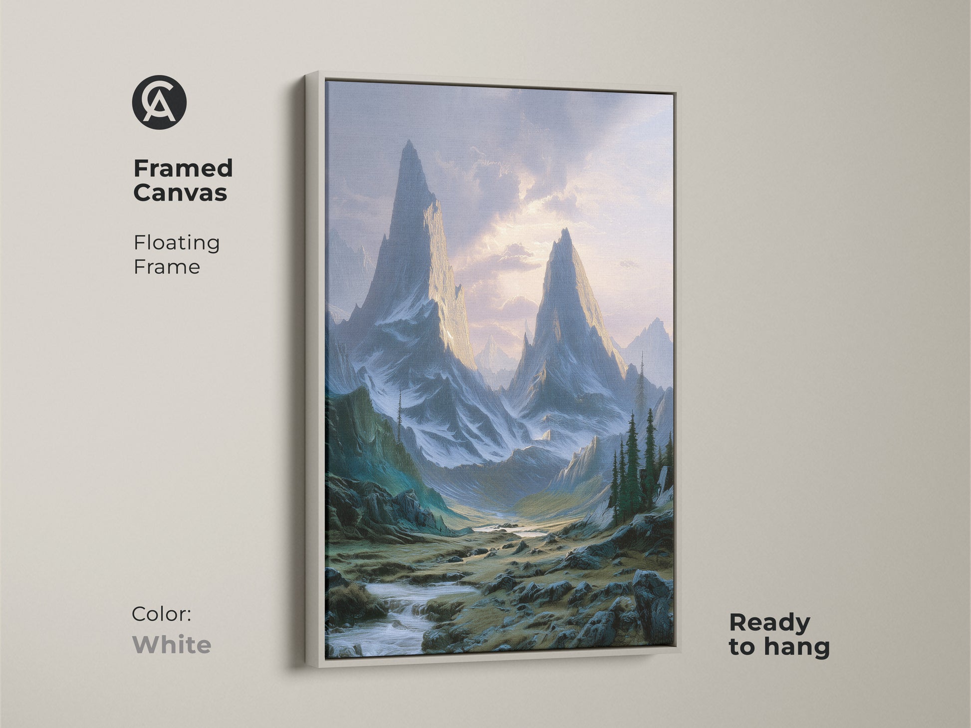 Framed canvas with a white floating frame showcasing mountain peaks art. This serene landscape print is ready to hang. This piece is a perfect housewarming gift for wilderness enthusiasts.