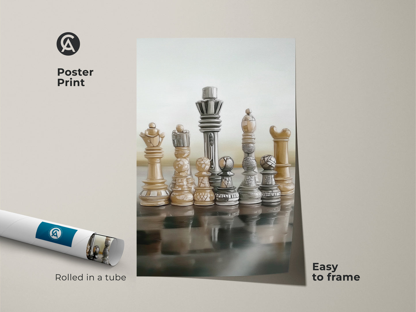 Rolled in a tube this poster print is easy to frame showcasing modern abstract chess art. Display the realistic King and Queen canvas wall art for strategy games decor in beige brown gray. Perfect for office artwork it adds an intellectual touch. Gift for chess players man intellectual wall art print.