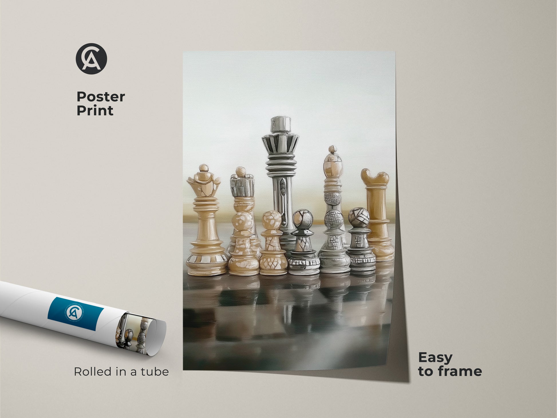 Rolled in a tube this poster print is easy to frame showcasing modern abstract chess art. Display the realistic King and Queen canvas wall art for strategy games decor in beige brown gray. Perfect for office artwork it adds an intellectual touch. Gift for chess players man intellectual wall art print.