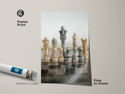 Rolled in a tube this poster print is easy to frame showcasing modern abstract chess art. Display the realistic King and Queen canvas wall art for strategy games decor in beige brown gray. Perfect for office artwork it adds an intellectual touch. Gift for chess players man intellectual wall art print.
