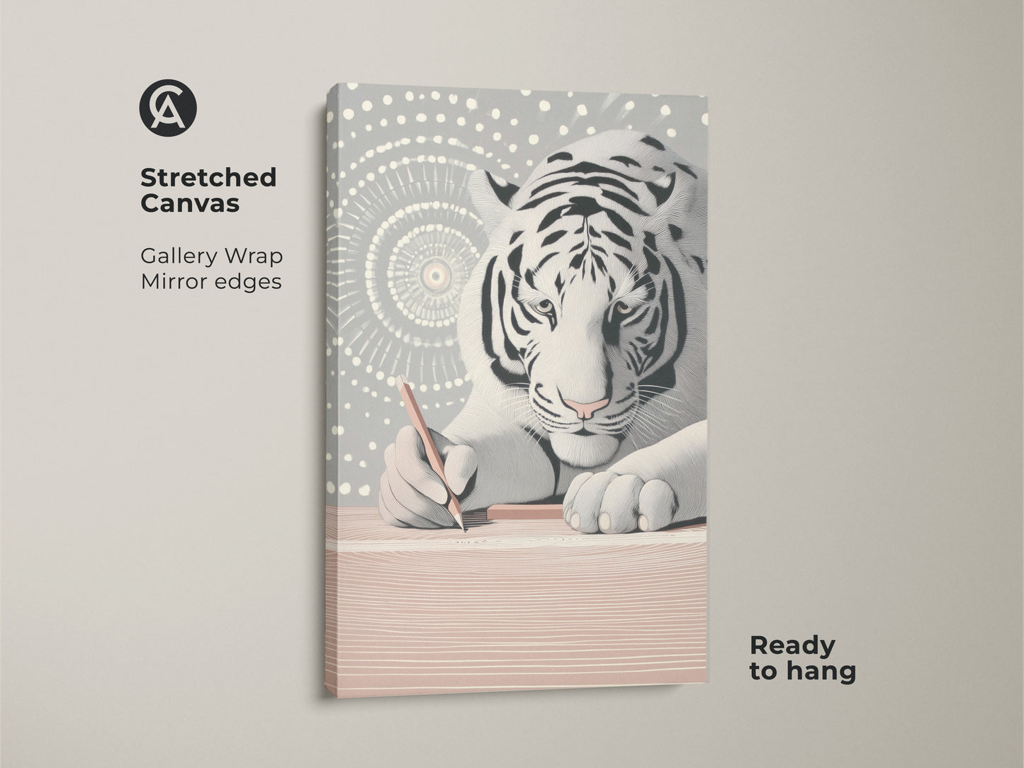 Stretched canvas art of the minimalist white tiger. Gallery wrapped with mirrored edges enhances this abstract line art print. Ideal modern animal wall decor for study room or office. It is a unique gift for creative artists. Ready to hang adding a modern flair to your space.