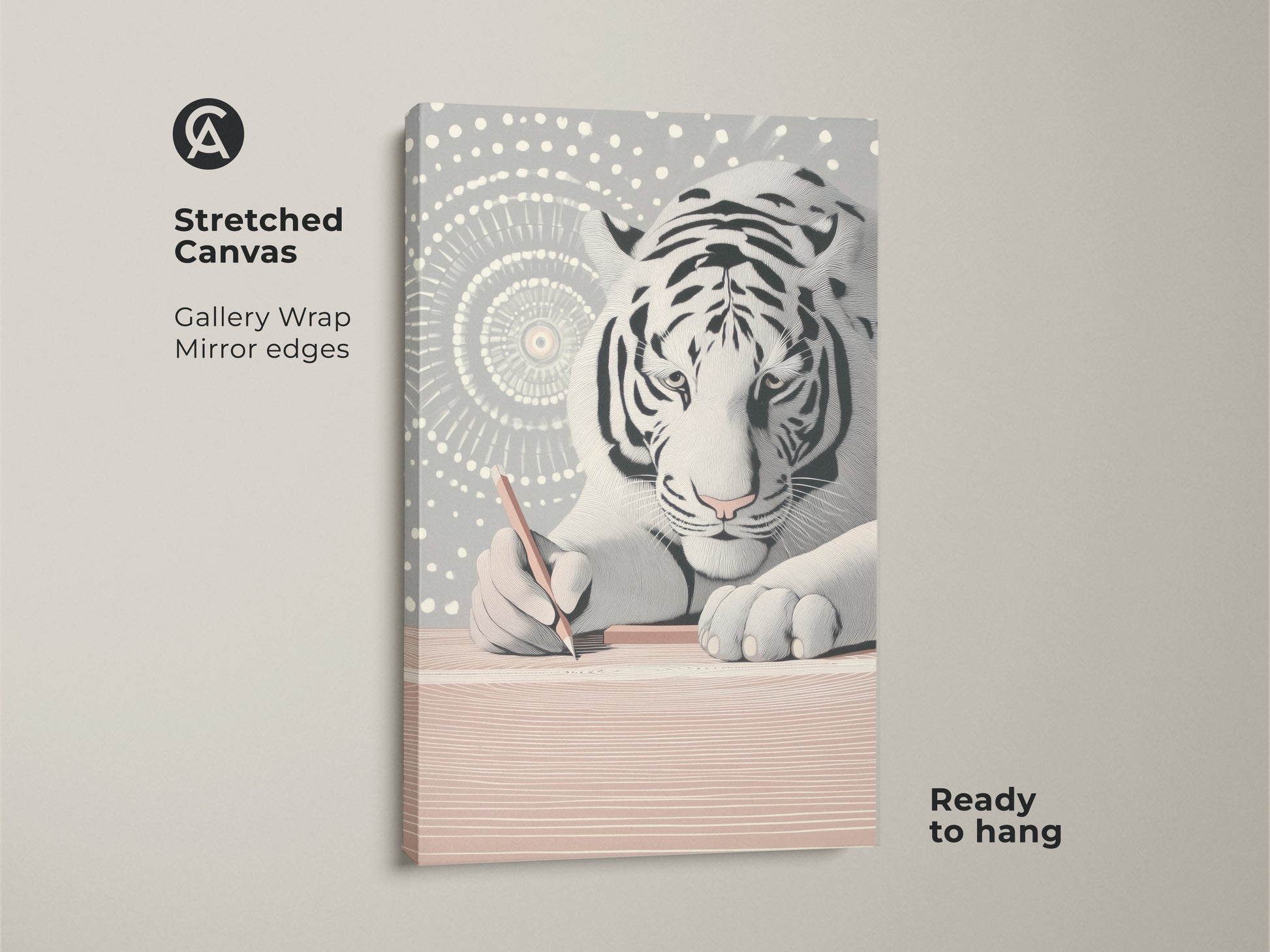 Stretched canvas art of the minimalist white tiger. Gallery wrapped with mirrored edges enhances this abstract line art print. Ideal modern animal wall decor for study room or office. It is a unique gift for creative artists. Ready to hang adding a modern flair to your space.