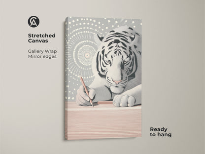 Stretched canvas art of the minimalist white tiger. Gallery wrapped with mirrored edges enhances this abstract line art print. Ideal modern animal wall decor for study room or office. It is a unique gift for creative artists. Ready to hang adding a modern flair to your space.