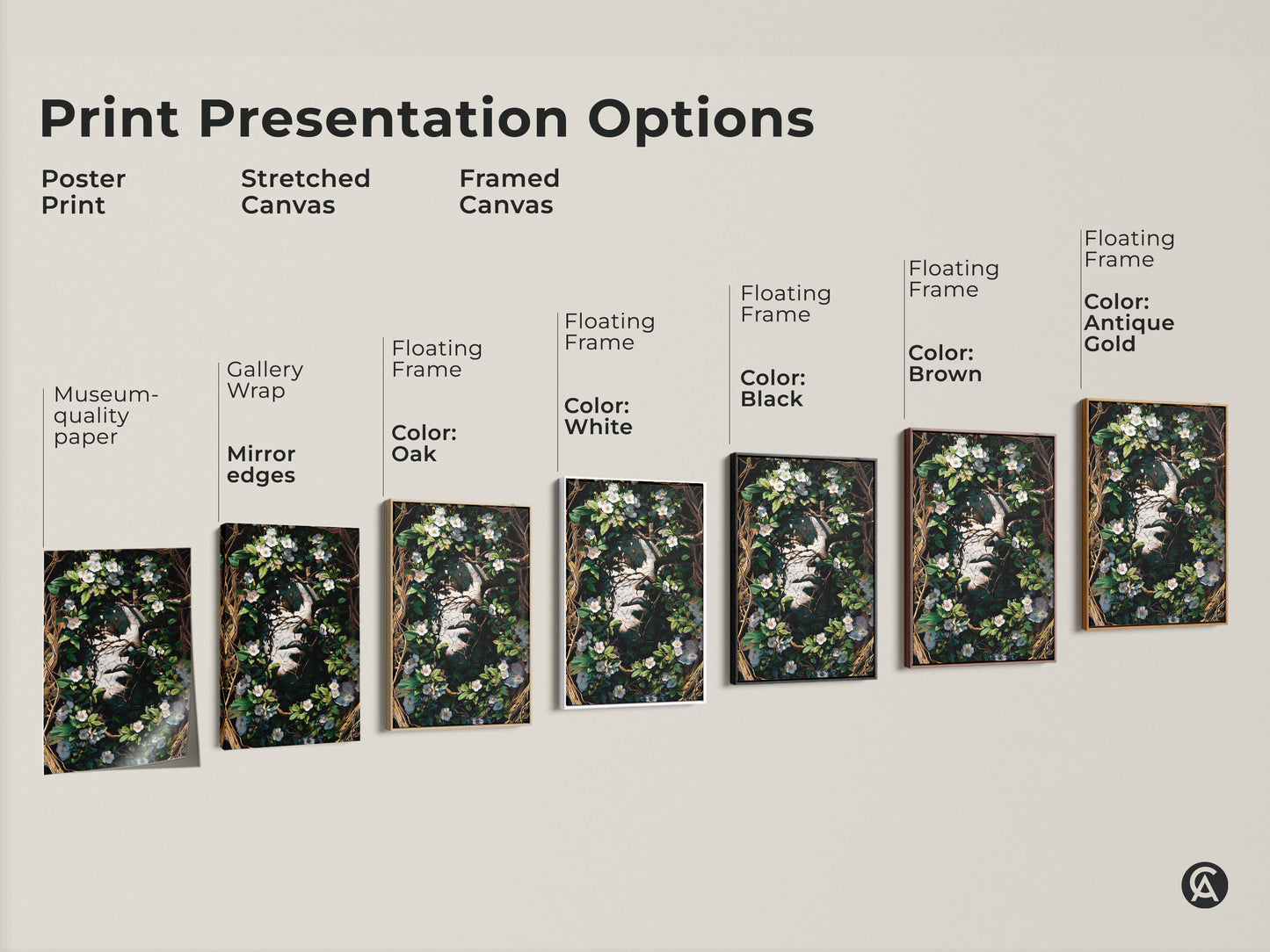 Explore print presentation options for this Surreal face botanical artwork. Choose from poster prints stretched canvases and framed canvases. Each featuring museum-quality edges and floating frames. Find the perfect finish!