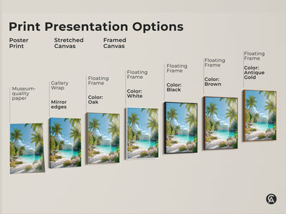 Explore print presentation options for tropical beach artwork. Choose from poster prints stretched canvas and framed canvas. Options include floating frames in oak white black brown and antique gold. Find the perfect style for your space.