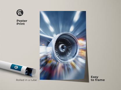 Poster print of an abstract jet engine illustration. The artwork captures the essence of industrial technology with a metallic blue color scheme. Rolled in a tube for easy framing this print is ideal for aviation enthusiasts. This unique piece adds a high-tech touch to any space.