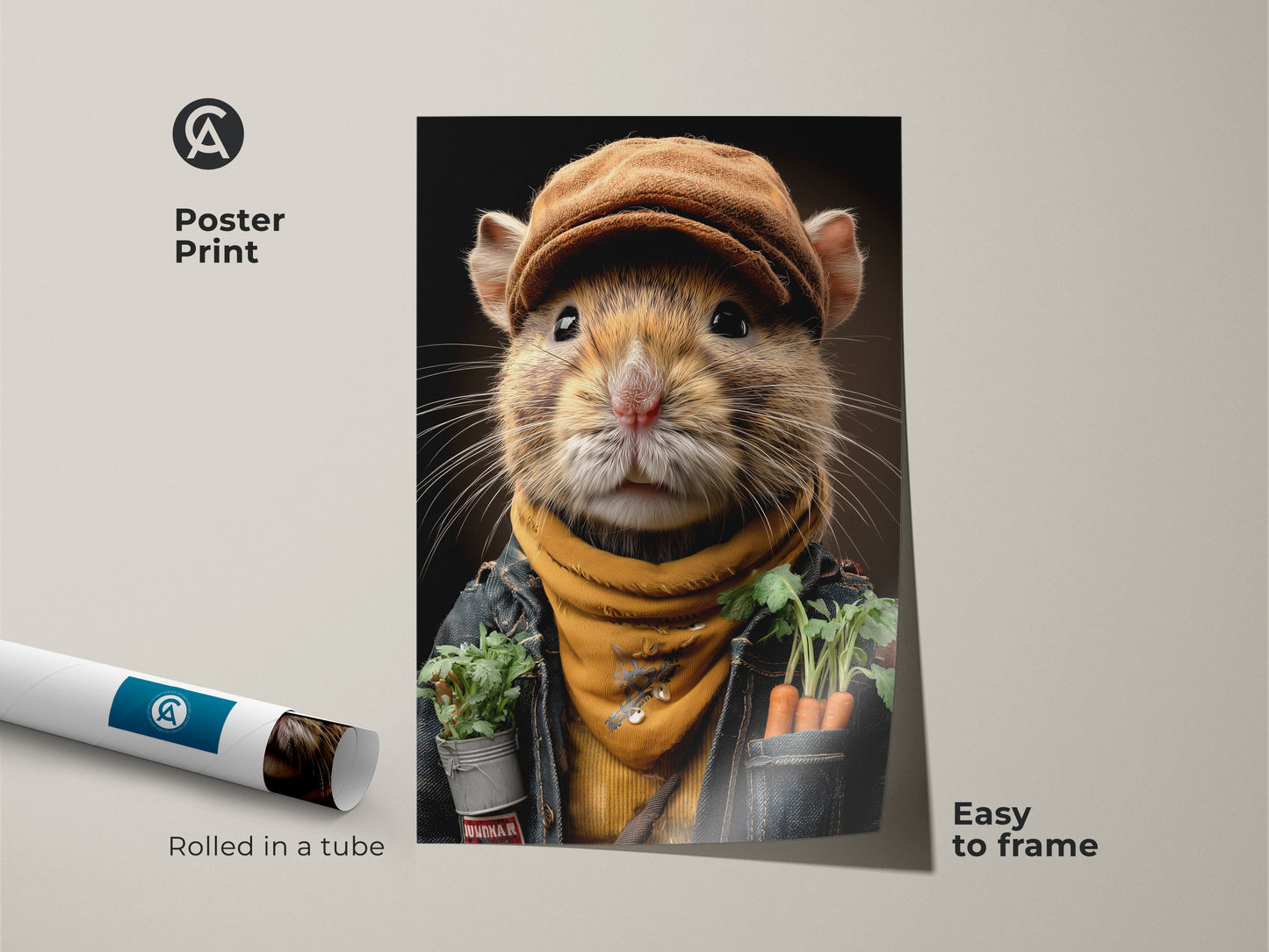 Poster print of a realistic mouse portrait. The artwork features a mouse dressed as a gardener with carrots. It is rolled in a tube and easy to frame. The whimsical animal artwork adds character to any room. This is perfect for eclectic decor in a country kitchen and farmhouse living room.
