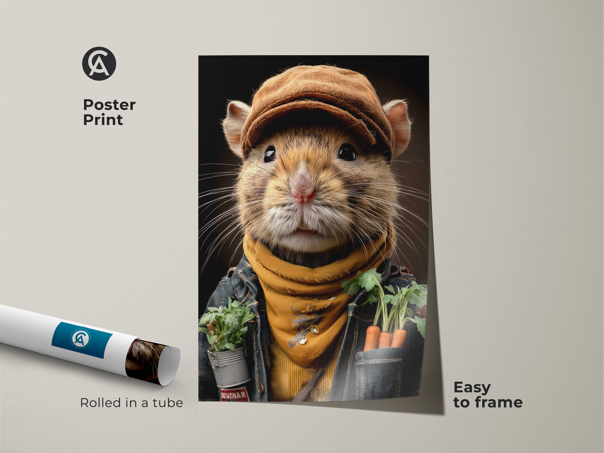 Poster print of a realistic mouse portrait. The artwork features a mouse dressed as a gardener with carrots. It is rolled in a tube and easy to frame. The whimsical animal artwork adds character to any room. This is perfect for eclectic decor in a country kitchen and farmhouse living room.