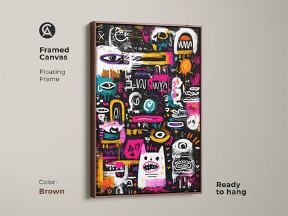 Framed canvas with a floating frame in brown. This ready-to-hang artwork showcases a black background with colorful graffiti-style art. Add a touch of sophistication to your living space.