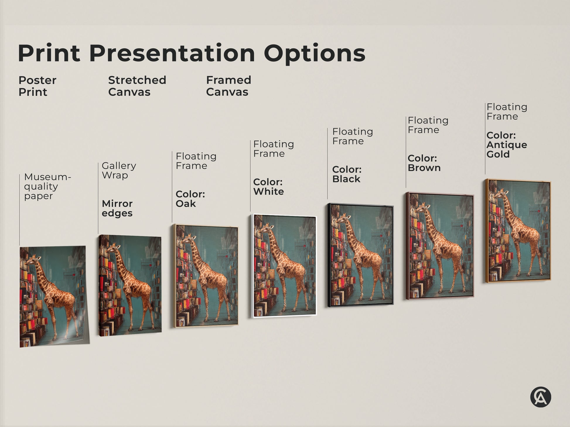 Print presentation options including poster prints stretched canvas and framed canvas. See the surreal giraffe artwork in various frame colors. Choose the perfect style for your eclectic home decor needs from these book themed artworks.
