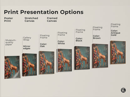 Print presentation options including poster prints stretched canvas and framed canvas. See the surreal giraffe artwork in various frame colors. Choose the perfect style for your eclectic home decor needs from these book themed artworks.