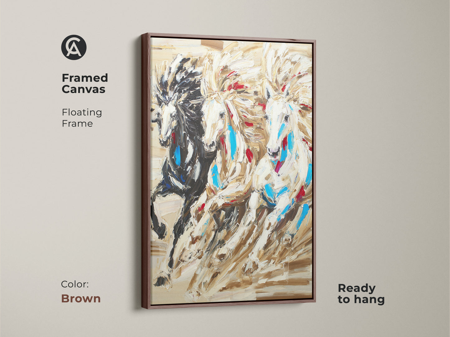 Framed canvas showcasing three galloping horses. The brown floating frame complements the tan animal art. Ready to hang it brings spiritual energy. It's an eclectic home decor piece.