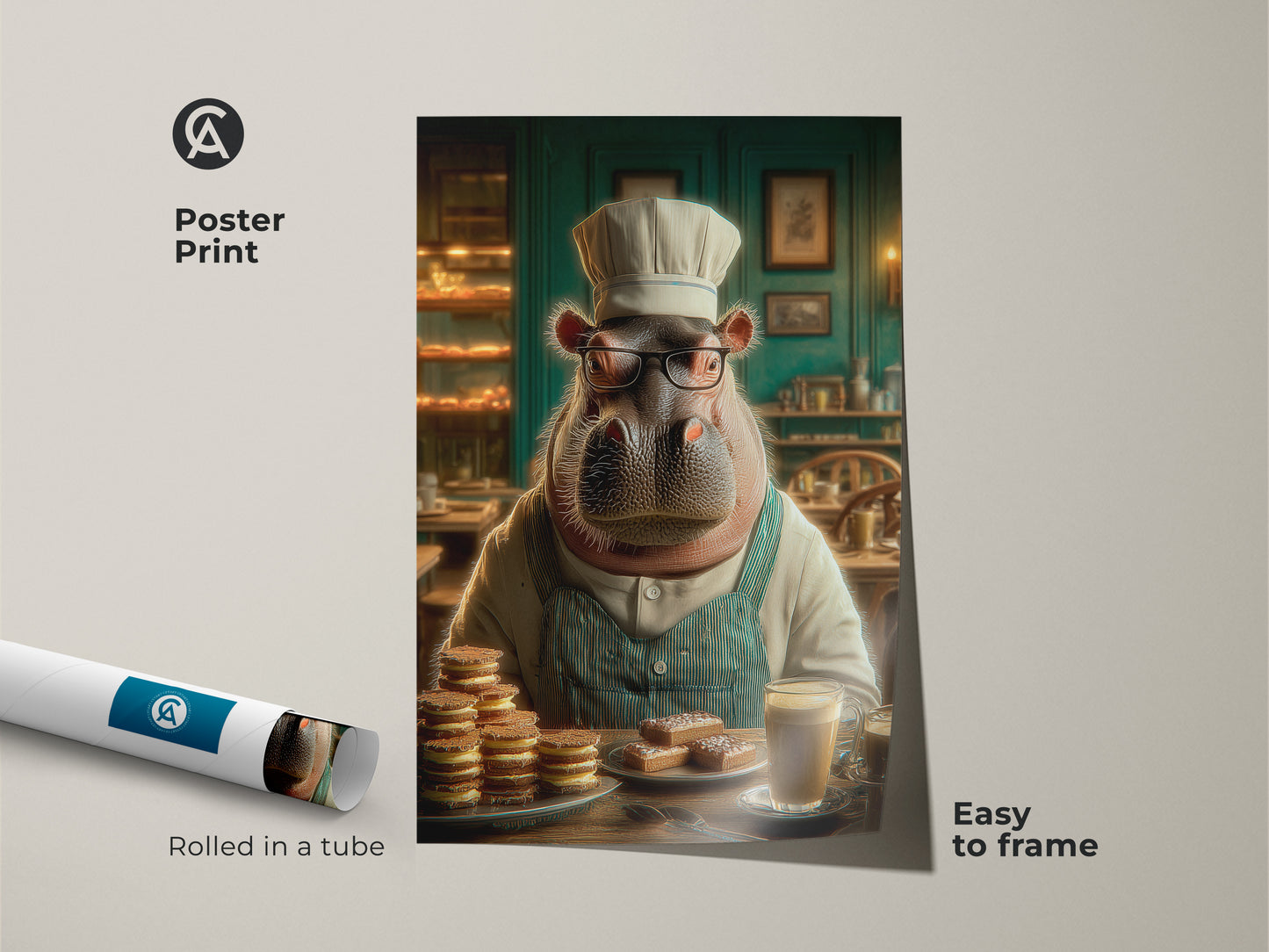 Poster print of a funny hippo chef ideal as a coffee lover gift print. This animal baker poster is easy to frame adding a quirky touch to your kitchen. The artwork features warm brown cream and teal accents creating vintage style wall art for cafe decor.