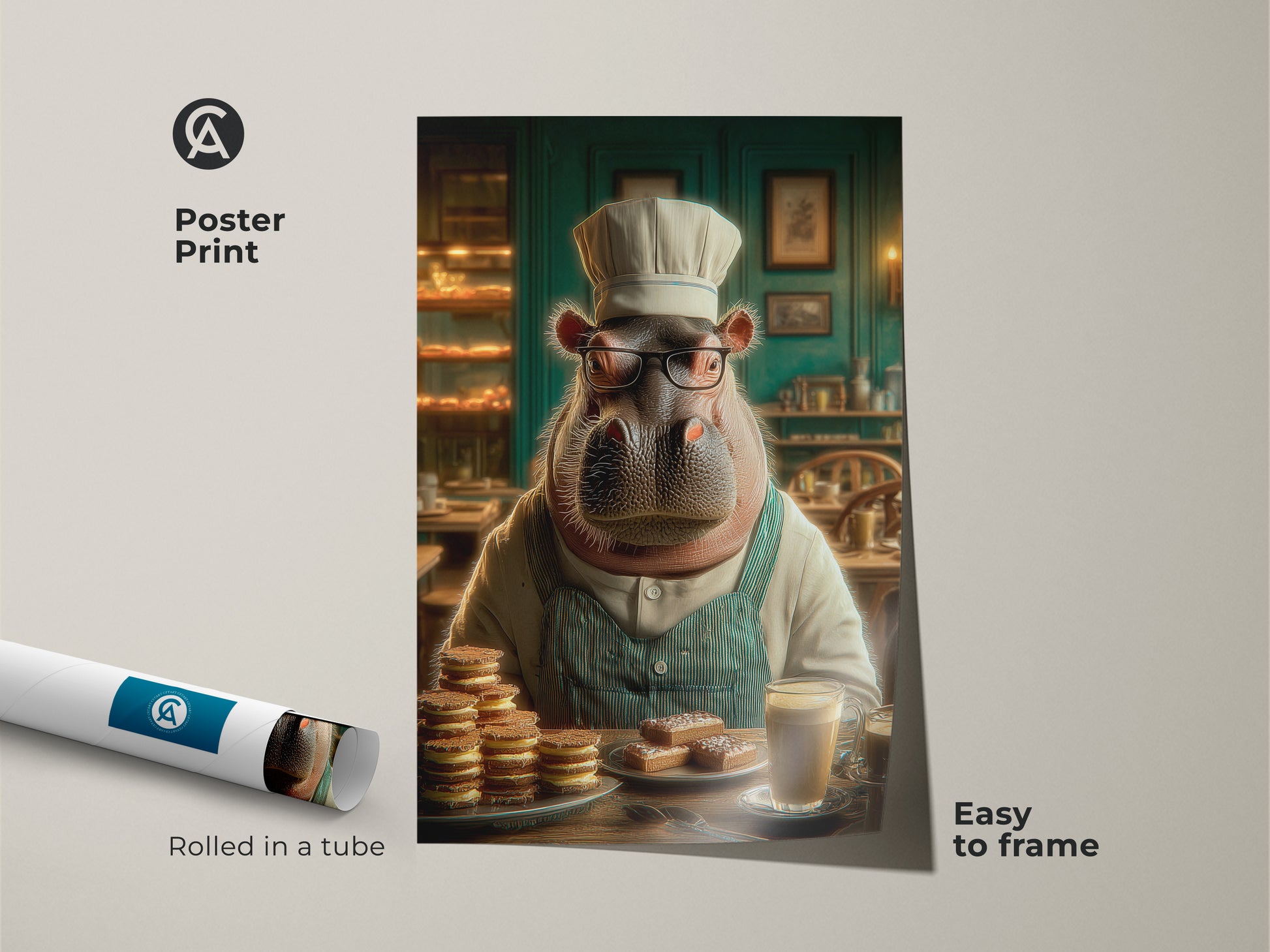 Poster print of a funny hippo chef ideal as a coffee lover gift print. This animal baker poster is easy to frame adding a quirky touch to your kitchen. The artwork features warm brown cream and teal accents creating vintage style wall art for cafe decor.