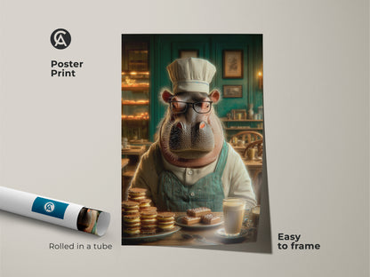 Poster print of a funny hippo chef ideal as a coffee lover gift print. This animal baker poster is easy to frame adding a quirky touch to your kitchen. The artwork features warm brown cream and teal accents creating vintage style wall art for cafe decor.
