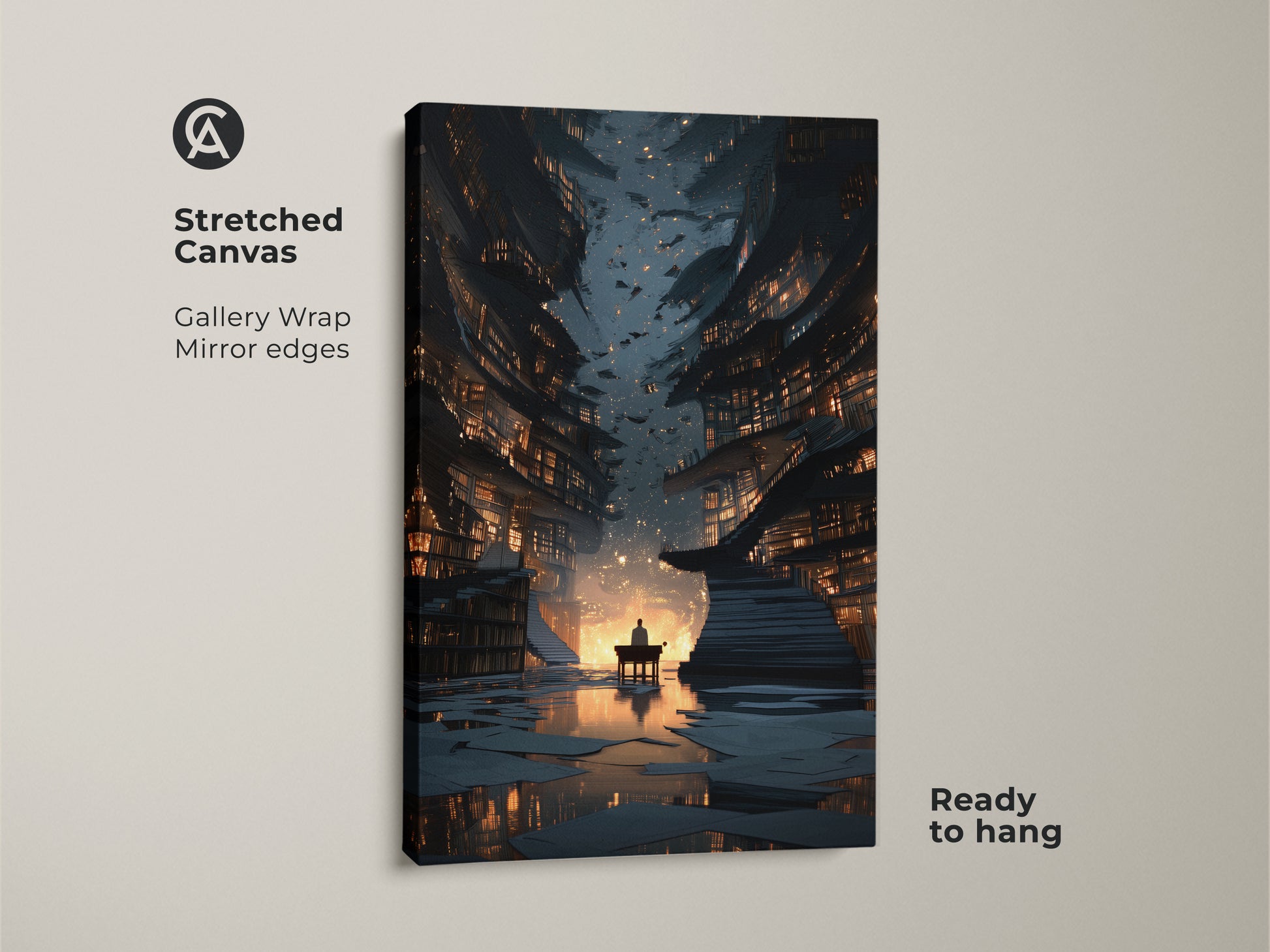 Stretched canvas print of a surreal library. The fantasy bookstore canvas showcases digital art for a study. It's ready to hang with gallery wrap mirror edges. A great eclectic office decor piece and unique wall art.