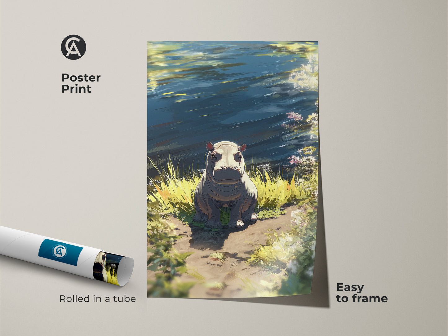 This baby hippopotamus art print is easy to frame. The wildlife canvas is rolled in a tube for protection. It's riverbank art with blue green yellow nature decor. A thoughtful animal lover birthday gift for a kids room.