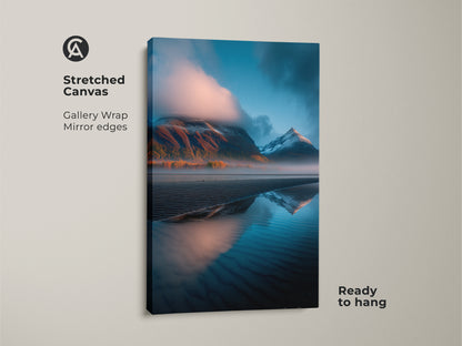 Stretched canvas featuring a mountain lake landscape with a gallery wrap and mirror edges. The blue orange teal art creates a modern nature photography print ready to hang.