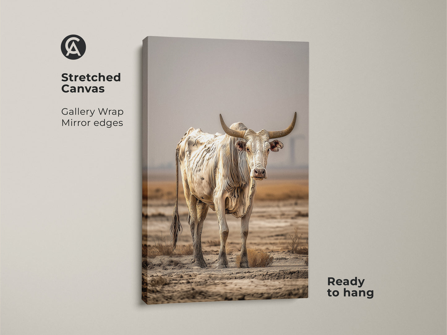 This stretched canvas features a rustic cow wall decor. The cream and brown animal print adds a country touch to any room. Ready to hang this farmhouse bull canvas art uses gallery wrapped mirror edges. The neutral farmhouse decor is perfect as a housewarming rustic gift.