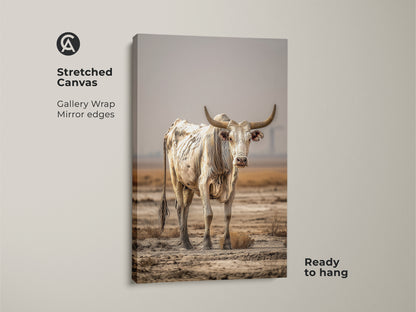 This stretched canvas features a rustic cow wall decor. The cream and brown animal print adds a country touch to any room. Ready to hang this farmhouse bull canvas art uses gallery wrapped mirror edges. The neutral farmhouse decor is perfect as a housewarming rustic gift.