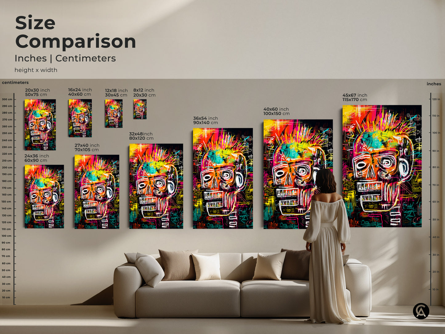 Compare sizes of this skull art with our visual guide. See how different dimensions fit in a living space. Available in inches and centimeters. Choose the perfect size to complement your room. This guide makes selecting the right artwork easy. Transform your space with confidence.