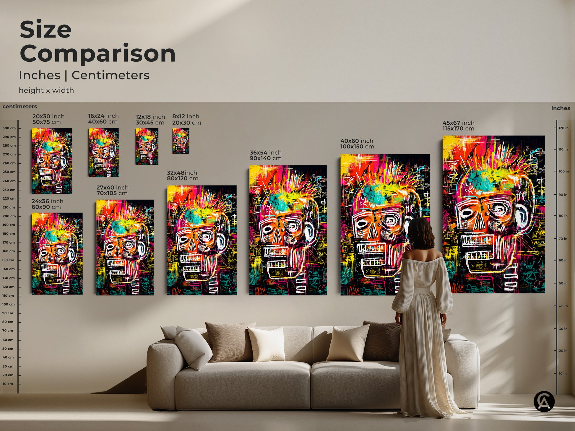 Compare sizes of this skull art with our visual guide. See how different dimensions fit in a living space. Available in inches and centimeters. Choose the perfect size to complement your room. This guide makes selecting the right artwork easy. Transform your space with confidence.