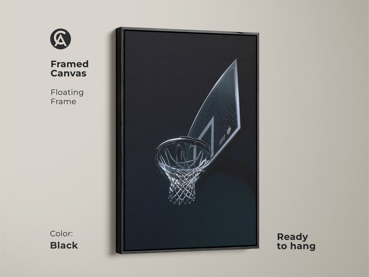 Framed canvas basketball hoop art with a floating black frame. This contemporary sports art is ready to hang. The artwork adds a sophisticated touch to any space for basketball fans.