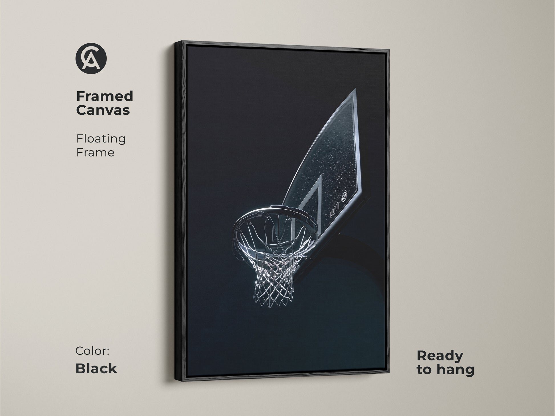 Framed canvas basketball hoop art with a floating black frame. This contemporary sports art is ready to hang. The artwork adds a sophisticated touch to any space for basketball fans.