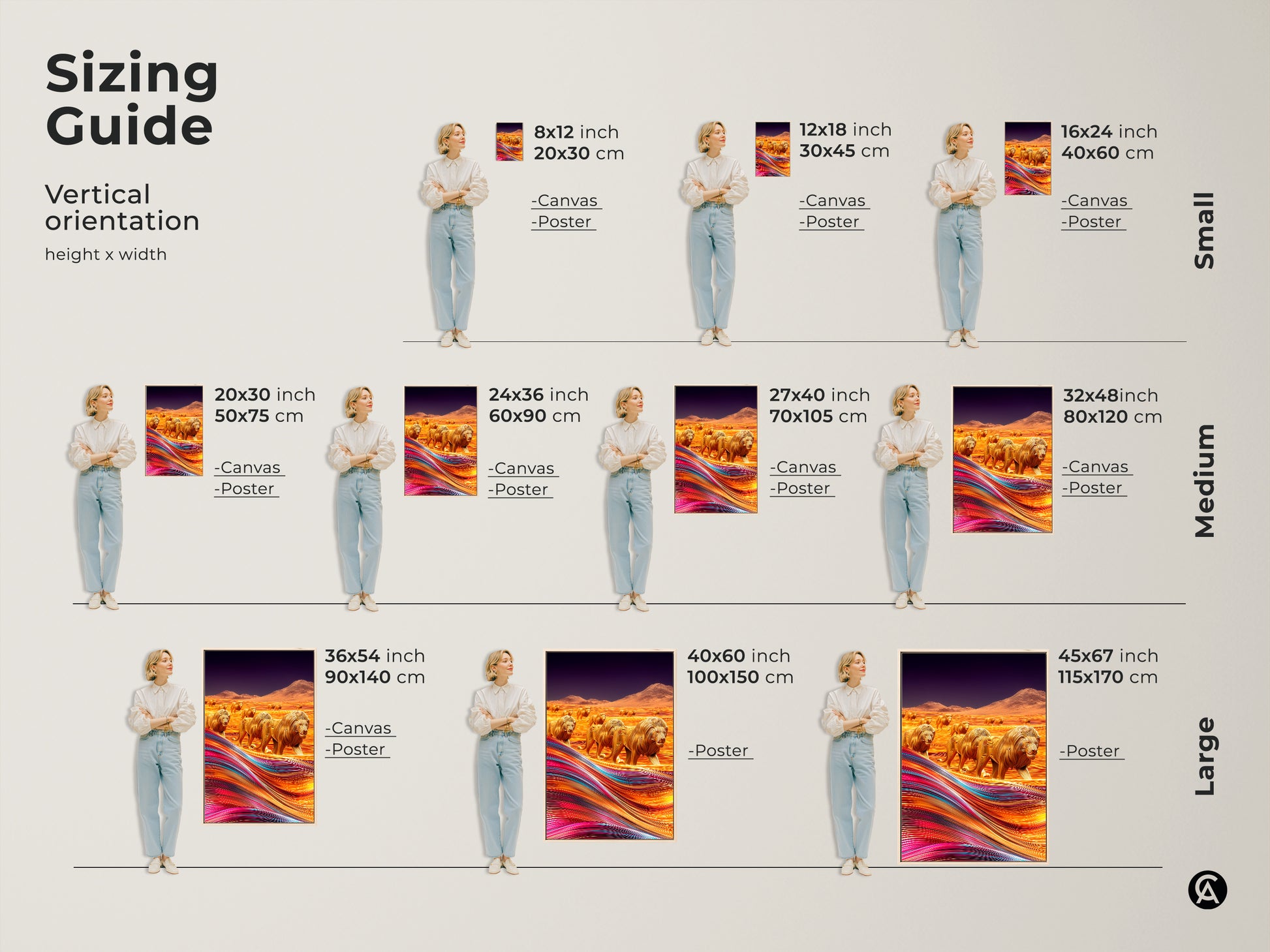 Sizing guide showing women posing with the golden lions canvas print in various vertical orientations from small to large. Sizes range from 8x12 inches to 45x67 inches. This art can be on canvas or a poster. Find the perfect fit.