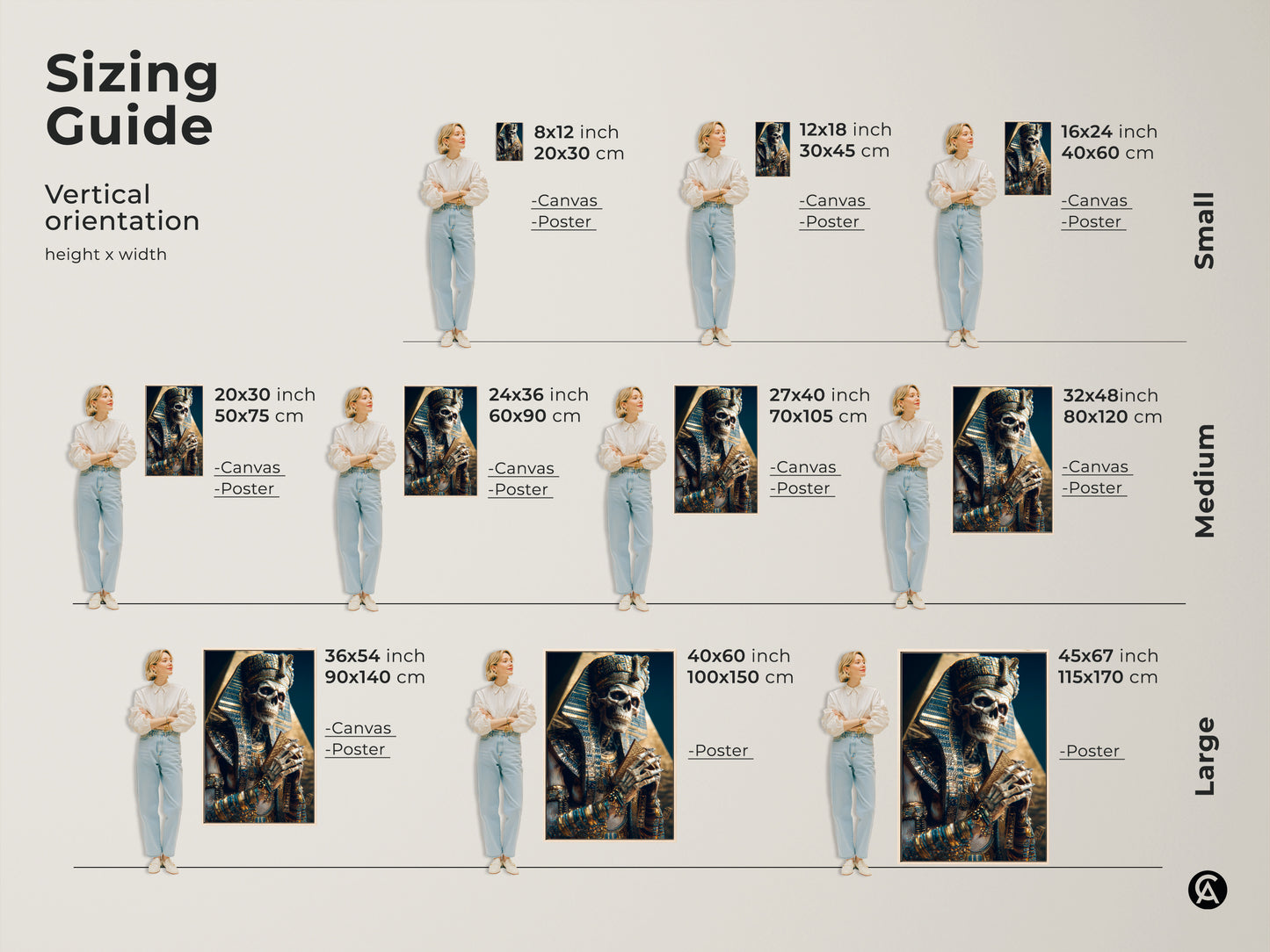 Sizing guide for Gothic Pharaoh Skeleton Canvas and Poster prints. See how the artwork fits in small medium and large sizes. Visualize wall decor with eclectic home decor and history buff gifts.