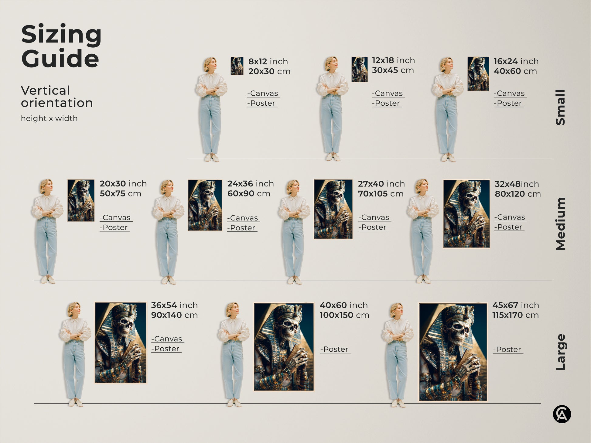 Sizing guide for Gothic Pharaoh Skeleton Canvas and Poster prints. See how the artwork fits in small medium and large sizes. Visualize wall decor with eclectic home decor and history buff gifts.