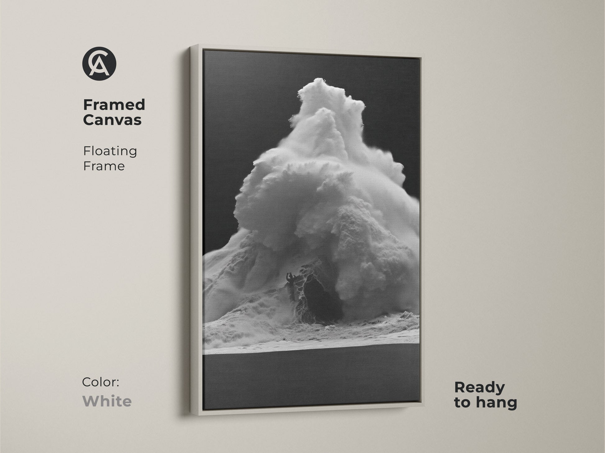 Framed monochrome wave canvas art in a white floating frame. This black and white ocean print is ready to hang. Contemporary sea spray decor for a minimalist aesthetic. The surfer beach wall art complements any style. Ideal ocean view wall decor for a contemporary home.