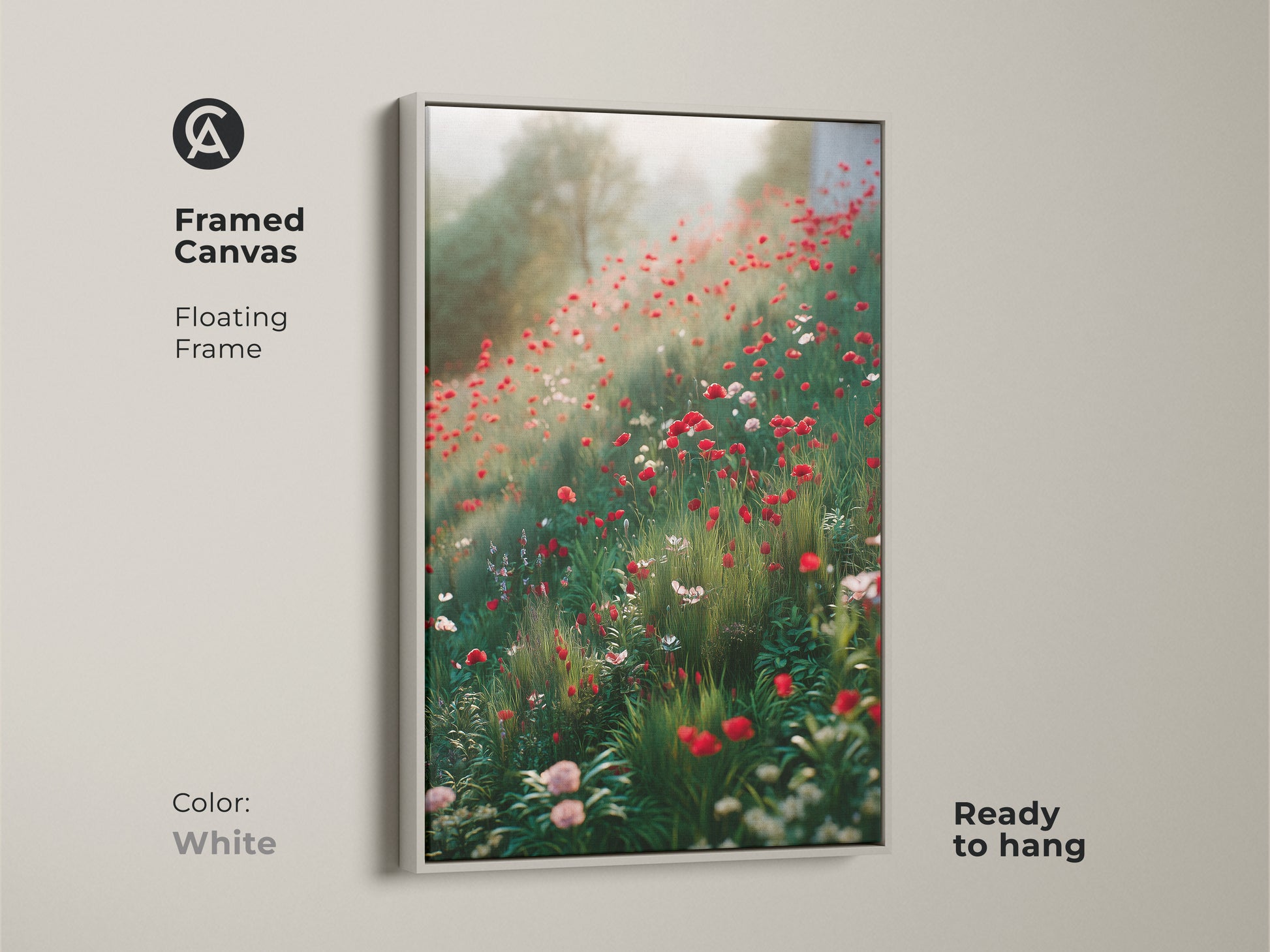 Framed canvas with a white floating frame presents a dreamy wildflower scene. Red poppies and lush greenery create a nature inspired artwork. Ready to hang this botanical print is perfect for bedroom wall decor and a nature lover gift.